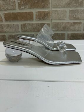 Jeffrey Campbell Latus Ball Silver Clear Heels Sz 7.5 Heel Square Toe Art Deco